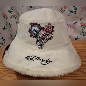 NWT Y2K Ed Hardy White Vegan Suede & Shearling Casual Unisex Bucket Hat Cap